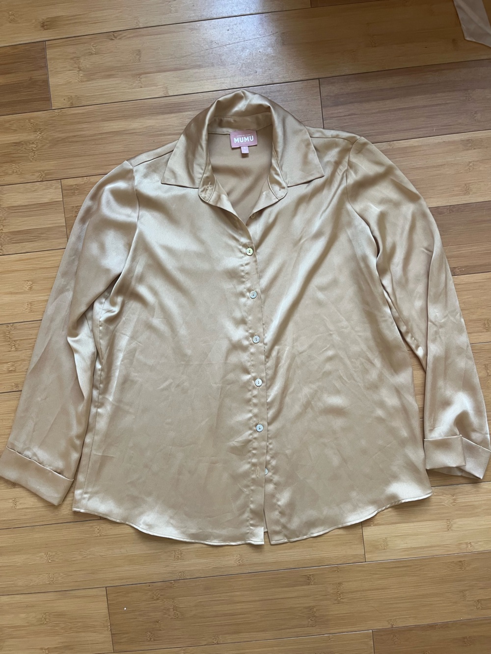 Show Me Your MuMu Satin Button-Up Blouse in Champagne
